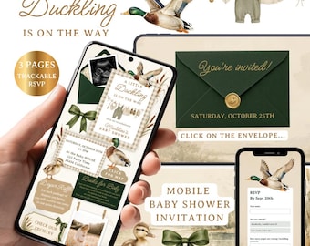 May include: A digital baby shower invitation template featuring mallard ducks, baby clothes on a clothesline, and green bows. The mobile interface displays event details, a diaper raffle, registry link, and an RSVP form with the text A LITTLE DUCKLING IS ON THE WAY.