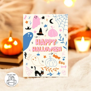 Cartão de saudação com ilustração retrô de Halloween | Impressões digitais fofas de Halloween | Ilustração divertida e assustadora | Rosa retrô, azul e laranja