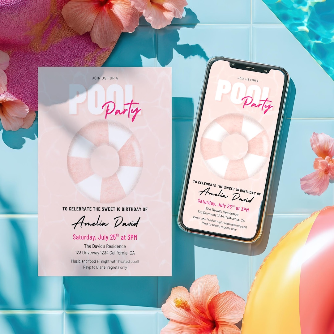 Floating Invite Editable Tropical Pink Floater Pool Party Sweet 16 Invitation & Evite ...