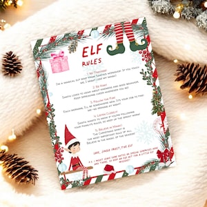 Cute Editable Elf Rules. Christmas Printable Elf Rules, Editable Red Green Christmas Elf Magic Rules, Welcome Elf Arrival Rules Illustration