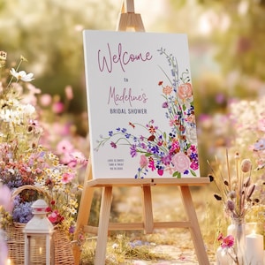 Cartello di benvenuto stampabile per addio al nubilato con fiori di campo - Modello modificabile 18x24, Brunch in giardino primaverile ed estivo, addio al nubilato, cp01