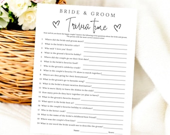 May include: A printable bridal shower game with the title "Bride & Groom Trivia Time" and 20 questions about the couple. The game is designed to be played by guests at a bridal shower.