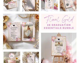 Puede incluir: Un conjunto de elementos esenciales para una fiesta de graduación con un tema floral y dorado. Incluye invitaciones, tarjetas y un letrero de bienvenida. El texto "Floral Gold" y "28 GRADUATION ESSENTIALS BUNDLE" son visibles.