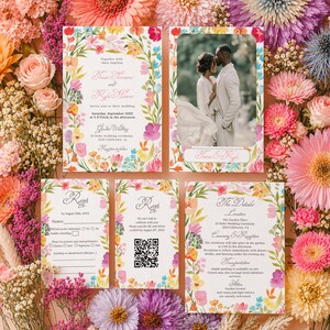 May include: A set of wedding invitations with floral borders and a photo of a couple. The invitations include details about the ceremony, reception, and RSVP information. The design features colorful flowers.