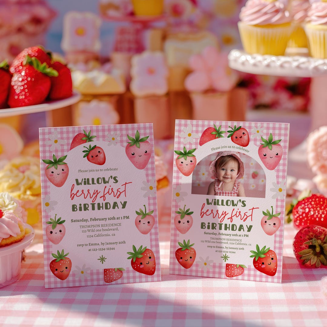 Printable Berry First Birthday Pink Gingham Strawberry Invitation ...