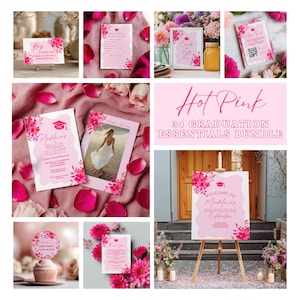 Könnte beinhalten: Eine Sammlung von rosa Partyartikeln zur Abschlussfeier, darunter Einladungen, Schilder und Cupcake-Topper. Die Artikel sind mit floralen Akzenten und einem Abschlusskappenmotiv verziert. Der Text "Hot Pink 34 Graduation Essentials Bundle" ist zu sehen.