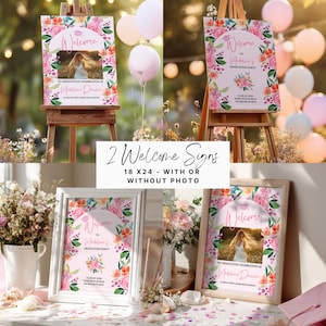 2 Boho Pink Watercolor Graduation Welcome Sign Wildflowers Photo, Class of 2026, Hand Painted