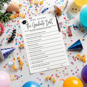 May include: A graduation party game sheet titled "Who Knows the Graduate Best" with a black graduation cap graphic. The sheet is surrounded by colorful confetti, balloons, and party decorations. The game includes questions about the graduate's preferences.