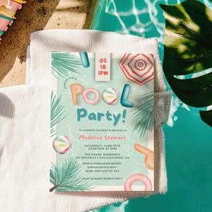 Convite para festa de 16 anos na piscina para impressão, festa de aniversário divertida desenhada à mão para adultos e crianças, ilustração de flutuadores de piscina tropical