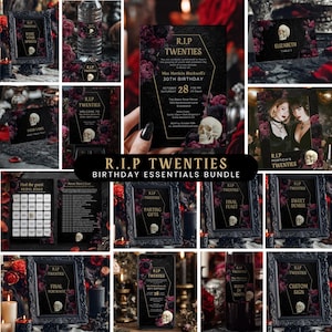 Könnte beinhalten: Eine Sammlung von Partyzubehör im Gothic-Stil, darunter Einladungen, gerahmte Schilder und Etiketten. Die Designs weisen ein Schwarz- und Burgunderfarbschema mit Schädel- und Blumenakzenten auf. Der Text "R.I.P. Twenties" ist deutlich sichtbar.