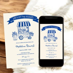 Bruidsuitnodiging She's Off the Market" | Frans blauwe boerenmarkt illustratiethema | Afdrukbare digitale bewerkbare sjabloon
