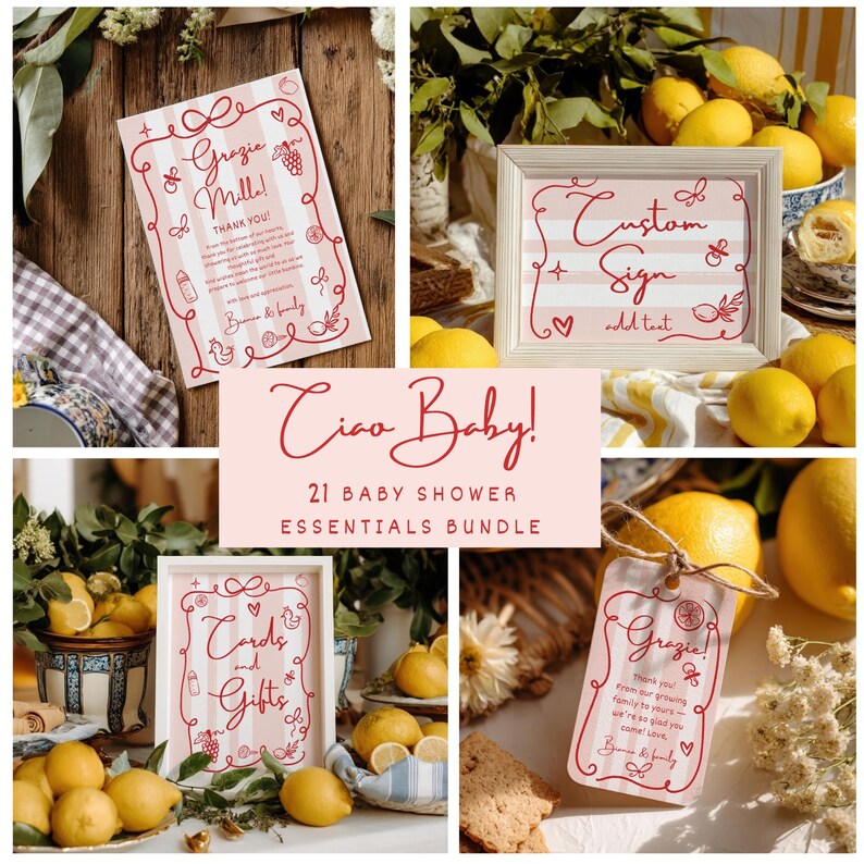 Puede incluir: Un conjunto de elementos esenciales para baby shower con papeler&iacute;a a rayas rosas y blancas con elementos decorativos rojos. El conjunto incluye letreros, tarjetas de agradecimiento y etiquetas de regalo. Se muestra el texto "Ciao Baby!" y "21 Baby Shower Essentials Bundle".