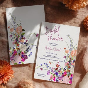 Invito per addio al nubilato in stile boho chic con fiori selvatici, modello per bouquet floreale moderno stampabile in digitale per brunch nuziale, addio al nubilato primaverile, cp01