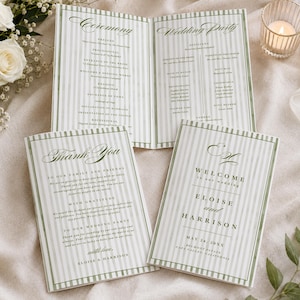 Peut inclure: Un ensemble de livrets de programme de mariage avec un motif à rayures verticales vert sauge et blanc. Le texte comprend Ceremony, Wedding Party, Thank You, et Welcome to our wedding Eloise and Harrison May 24, 20XX, Belmont Estate, Napa Valley.