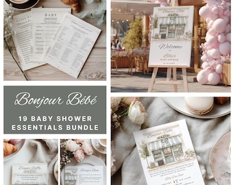Puede incluir: Un conjunto de artículos esenciales para baby shower, que incluyen tarjetas de invitación, hojas de juego y un letrero de bienvenida. El letrero presenta una ilustración de acuarela de una tienda con una bicicleta. Se muestran las palabras "Bonjour Bébé".