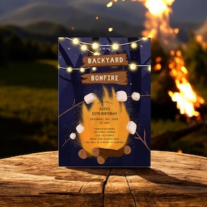 Hinterhof Lagerfeuer Geburtstagseinladungsvorlage, Digital Geburtstagsfeuer, bearbeitbares Spaß Lagerfeuer Party einladen, gemütliche Land Kinder Erwachsene Party