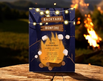 Backyard Bonfire Birthday Invitation Template: Cozy Country kids adult Party