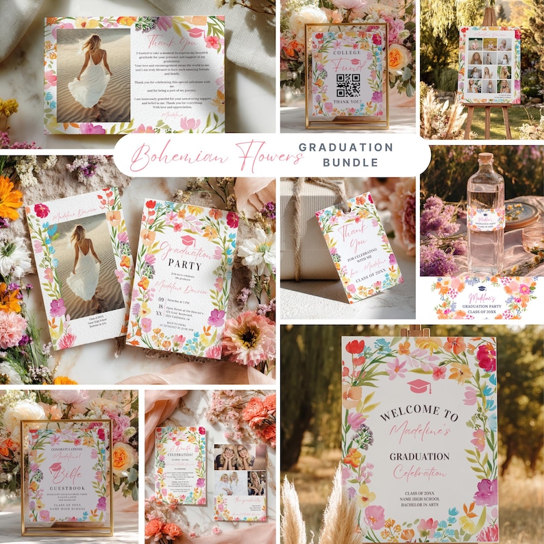 Boho Floral Photo Graduation Party Invitation Bundle: Hand Painted ...