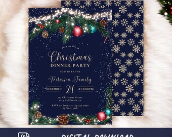 May include: A blue and gold Christmas dinner party invitation with a festive design featuring pine branches, red and blue ornaments, and snowflakes. The text reads "Join us for Christmas Dinner Party Hosted by the Peterson Family December 24 at 6:00PM 123 Christmas Street 1224 California, CA RSVP to Emma at 123-456-7890 by Nov. 30th".
