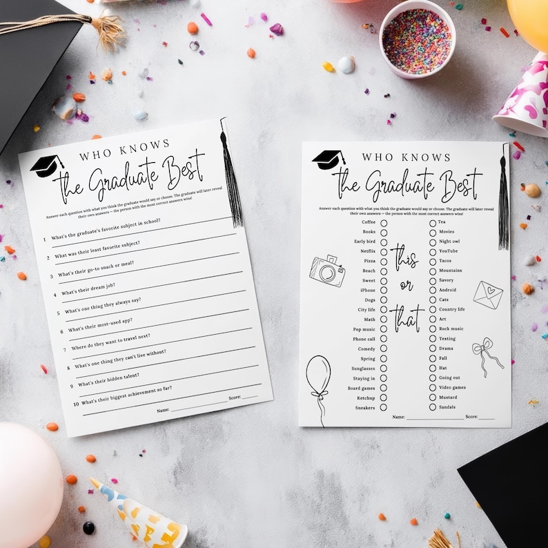 May include: Two white paper game sheets with the text "WHO KNOWS The Graduate Best" and a graduation cap graphic. One sheet has questions, the other has a "this or that" game. The sheets are decorated with a tassel, balloon, and confetti.