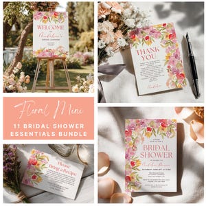 11 Itens Essenciais para Chá de Panela com Aquarela e Flores Brilhantes para Imprimir | Mini Kit para Chá de Panela de Verão em Rosa Coral, Kit para Festa Pintado à Mão