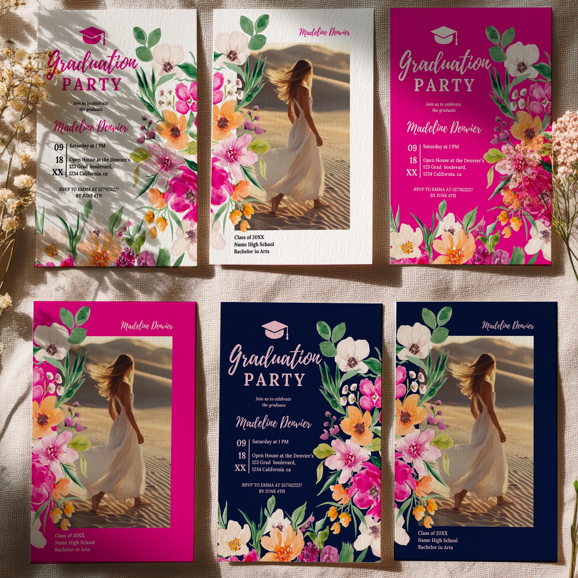 Invito per festa di laurea con foto in stile boho ad acquerello – 3 opzioni di colore – 5x7 stampabile, modificabile, classe del 2025, fiori boho dipinti a mano