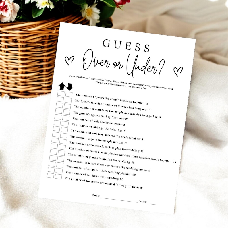 Over or Under Bridal Shower Game | Editable Template, Digital ...