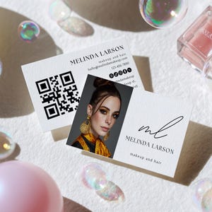 Minimalist Makeup Artist Hair Business Card Template - Printable Digital Photo & QR Code Business Card, Trendy Editable Social Media Icons