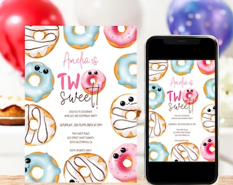 Two Sweet Donut 2nd Birthday Invitation, Printable Dessert  Doughnuts Illustration