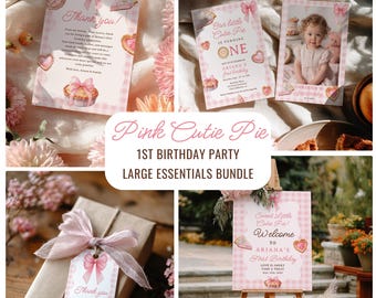 May include: A collection of pink-themed party supplies for a first birthday celebration. The image includes invitations, a welcome sign, and a gift wrapped with a pink bow. The text reads "Pink Cutie Pie 1st Birthday Party Large Essentials Bundle."