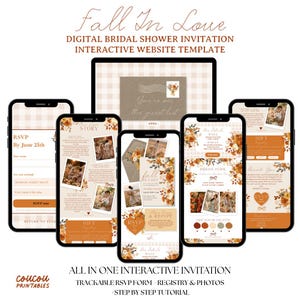 May include: A digital bridal shower invitation interactive website template featuring a fall theme with orange and brown floral accents. The display shows multiple mobile screens and a laptop screen with RSVP forms, photo galleries, and event details.