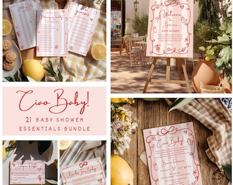 Printable Ciao Baby Shower Bundle,21-Piece Red and Pink Italian Baby Shower Set, Editable Instant Download template, Quirky Hand Illustrated