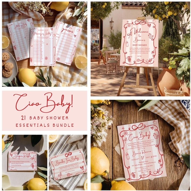 Puede incluir: Un conjunto de art&iacute;culos para baby shower con tem&aacute;tica de limones. Incluye tarjetas de juego, un letrero de bienvenida e invitaciones. El texto "Ciao Baby!" est&aacute; en rojo. La combinaci&oacute;n de colores es rosa claro y blanco.
