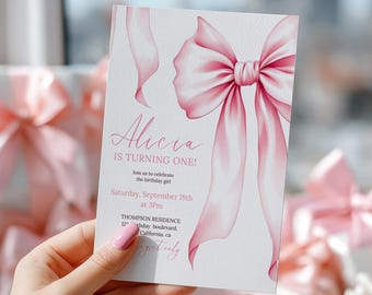 Pink Bow Birthday Invitation First Bday Invitation: Editable Template, Printable 1st Coquette Party