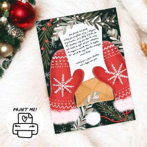 Leuke kerst-winterhandschoenkaart | Feestelijke grappige kerstkaart| Originele illustratie | Digitale afdrukbare download rood groene sneeuw