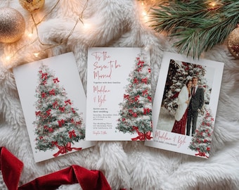 Tis The Season To Be Married Christmas Wedding Photo Invitation + Evite : Winter Wonderland Red Coquette Bow Holiday Template