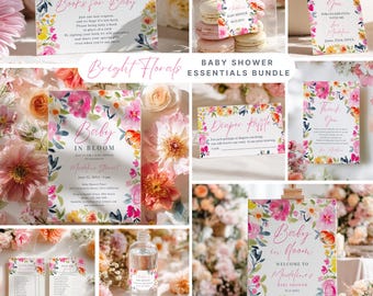 Paquete de baby shower floral bohemio pintado a mano: Brunch de jardín con acuarela y flores de primavera, invitaciones imprimibles, letreros y juegos.