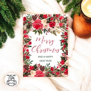 Tarjeta de Feliz Navidad y Feliz Año Nuevo / Corona floral original de acuarela / Descarga digital imprimible / Flores sueltas rojas y verdes