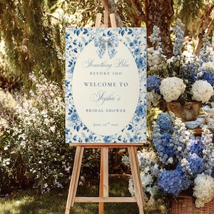 Printable Vintage Blue Toile Bridal Shower Welcome Sign Template, Floral Blue Chinoiserie, Toile De Jouy, Blue Before I Do, Wedding Shower