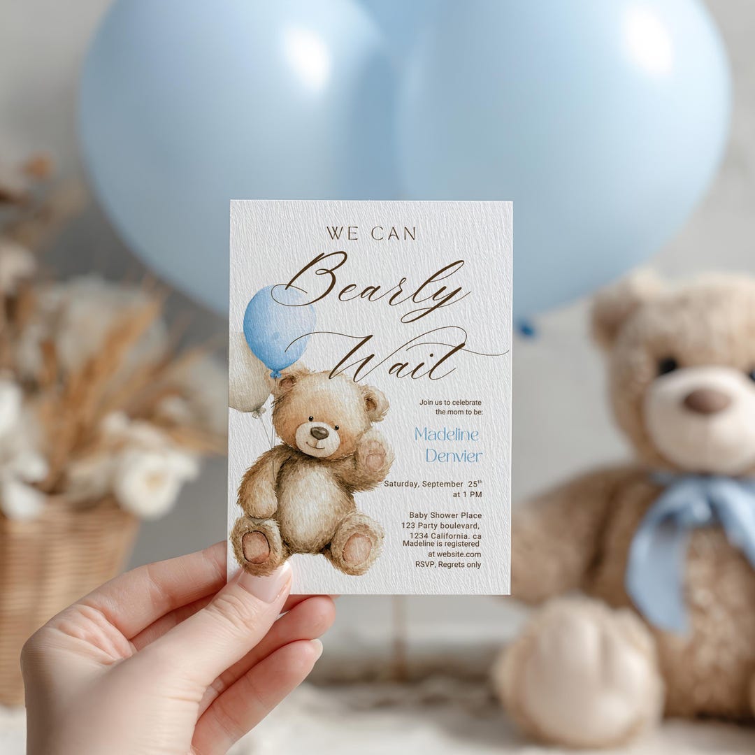 We Can Bearly Wait Blue Teddy Bear Balloon Invitation & Evite: Boy Baby ...