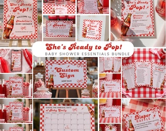 Paquete de fiesta para baby shower "Listo para dar a luz": Incluye: Soda retro, niña con lazo rojo y rosa + versión de cola light.