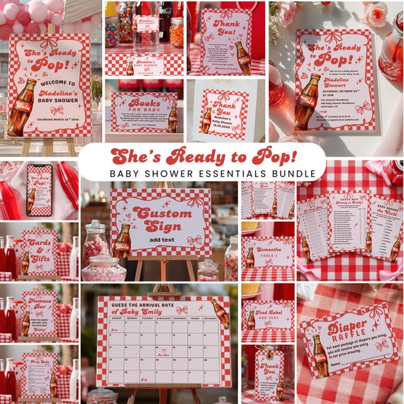 Ready to Pop Baby Shower Party Bundle: Retro Soda Pop Red Pink Bow Girl