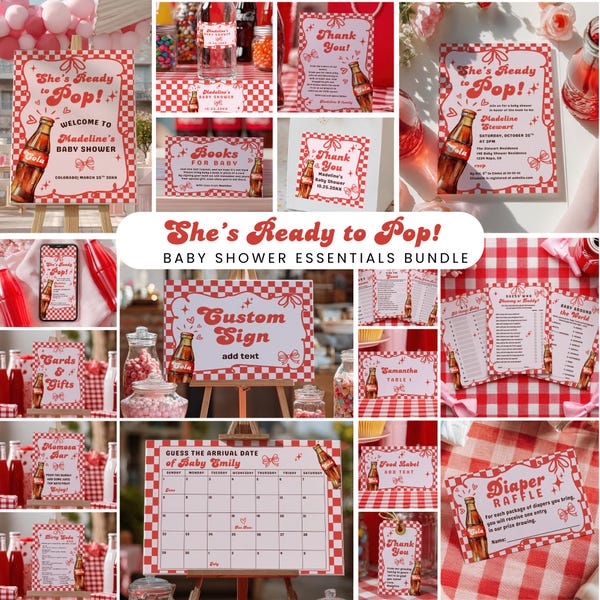 Ready to Pop Baby Shower Party Bundle: Retro Soda Pop Red Pink Bow Girl + Diet Cola Version Included