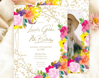 Floral 7th Birthday Invitation, Gold Glitter Frame (Digital Printable Template)