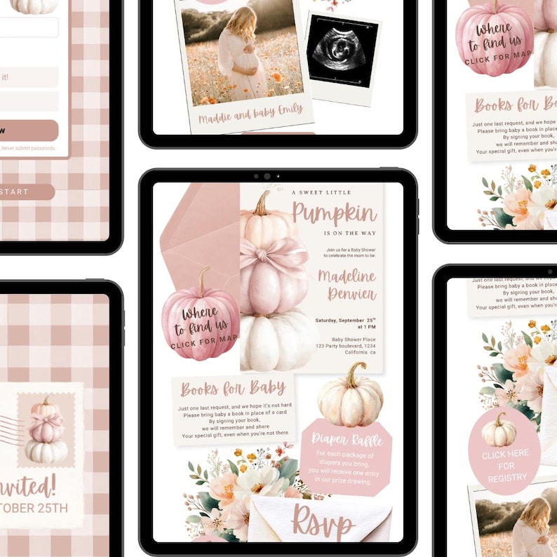Pu&ograve; includere: Un modello di invito digitale per baby shower con una pila di zucche rosa pallido e bianche, accenti floreali e testo che include A Sweet Little Pumpkin Is On The Way, Madeline Denvier, Books for Baby e dettagli Diaper Raffle.