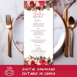 Ręcznie malowane kwiatowe menu na kolację wigilijną, drukowane menu świąteczne, natychmiastowe pobieranie, karta menu świątecznego, menu na kolację weselną