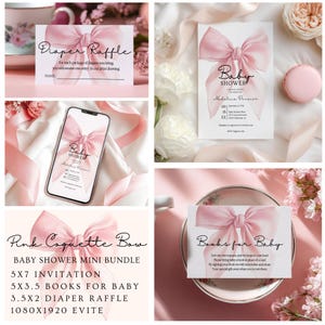 Rosa Schleifen-Babyparty-Mini-Bundle, druckbare Mädchen-Babyparty-Einladung, Windel-Verlosung, Bücher für Baby-Vorlage DIY, Evite