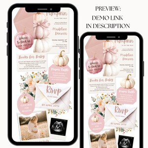 Pu&ograve; includere: Un modello di invito digitale per baby shower visualizzato su due smartphone, con zucche rosa e bianche, accenti floreali, una busta RSVP, un pulsante per la lista nascita, una foto di una persona incinta e un'ecografia.