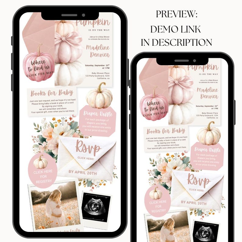 Pu&ograve; includere: Un modello di invito digitale per baby shower visualizzato su due smartphone, con zucche rosa e bianche, accenti floreali, una busta RSVP, un pulsante per la lista nascita, una foto di una persona incinta e un'ecografia.