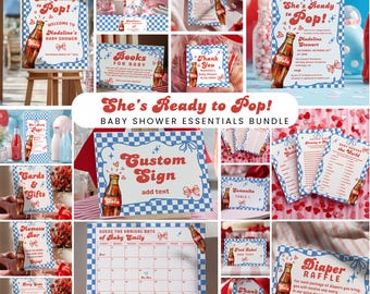 Paquete para fiesta de baby shower de niño Ready to Pop: lazo retro de refresco azul y rojo